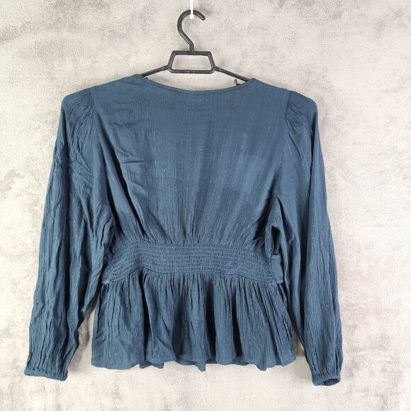 Womens Knox Rose Blue Peplum Top Blouse Long Sleeve V Neck gathered waist XL - Picture 10 of 13